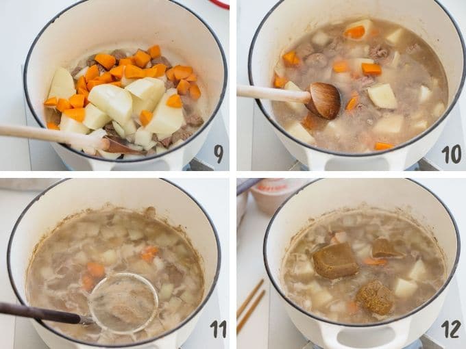 4 photos showing adding vegetables, water and skimming and adding curry roux pieces