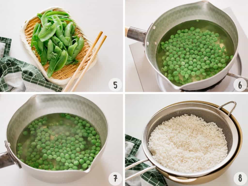 removing the pods and adding peas into the saucepan. Let the peas cool down in the saucepan