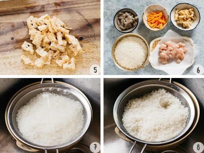 4 photo collage of preparing seasoned rice ingredients and rinsing rice