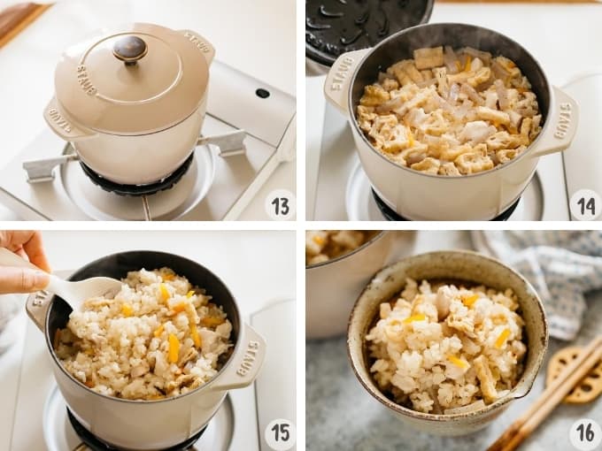 4 photo collage showing cooking seasoned rice in a cast iron rice cooker