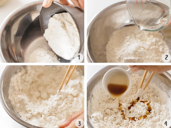 Mixing flours and adding water and sesame seed oil in 4 photos collage