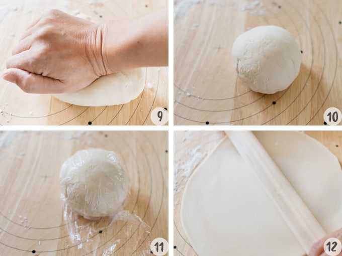 rolling out the ball of dough with a rolling pin in 4 photos