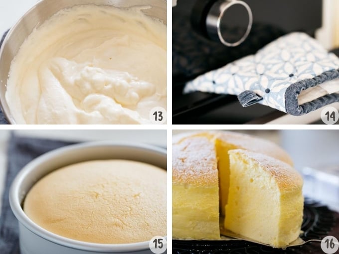 4 photo collage showing baking Japanese cheesecake in a oven