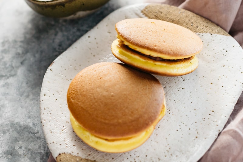Two Dorayaki pancakes served on a plate