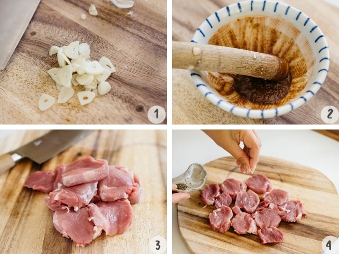 4 photo collage - sliced garlic, miso and soy sauce combined in a small mortar and pork sliced on a chopping board 