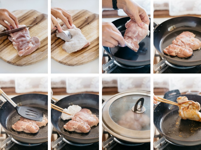 8 photographs showing the first 8 steps of making Teriyaki Chicken