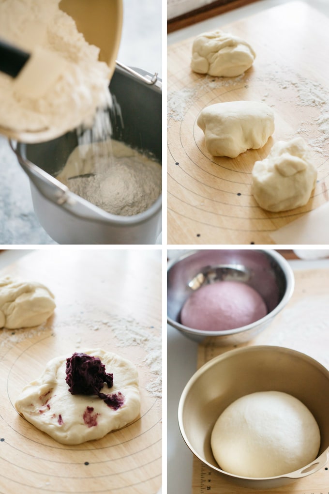 the second 4 steps of halloween pull apart bread making process in 4 photos