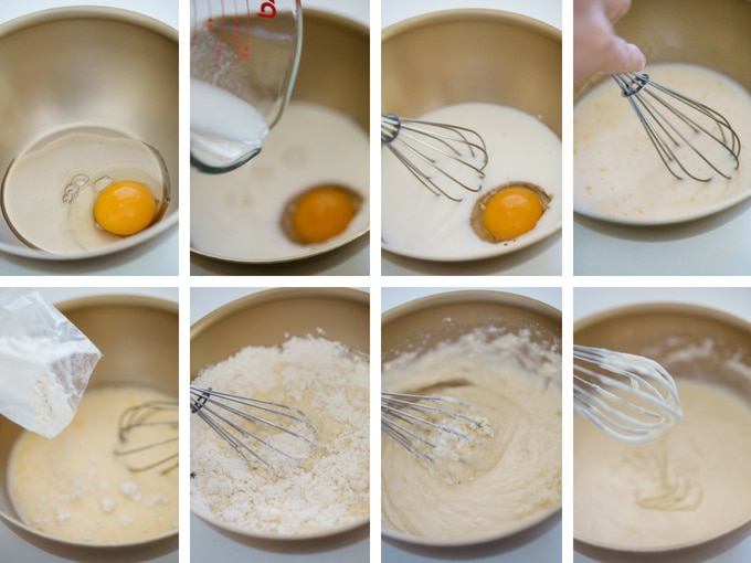 8 photos showing the process of making nutella dessert takoyaki