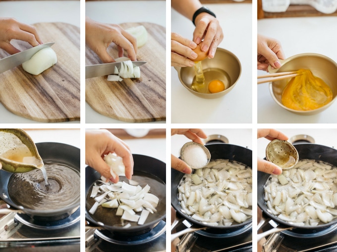 8 photos showing the first 8 steps of making katsudon