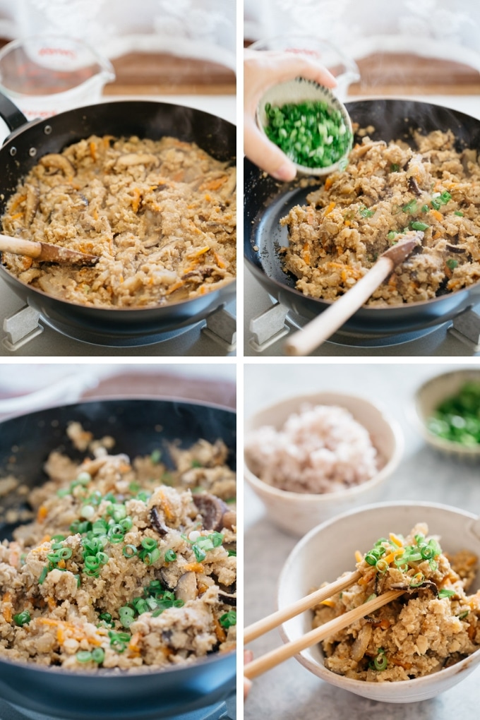 4 photos showing how to saute okara and other ingredients.