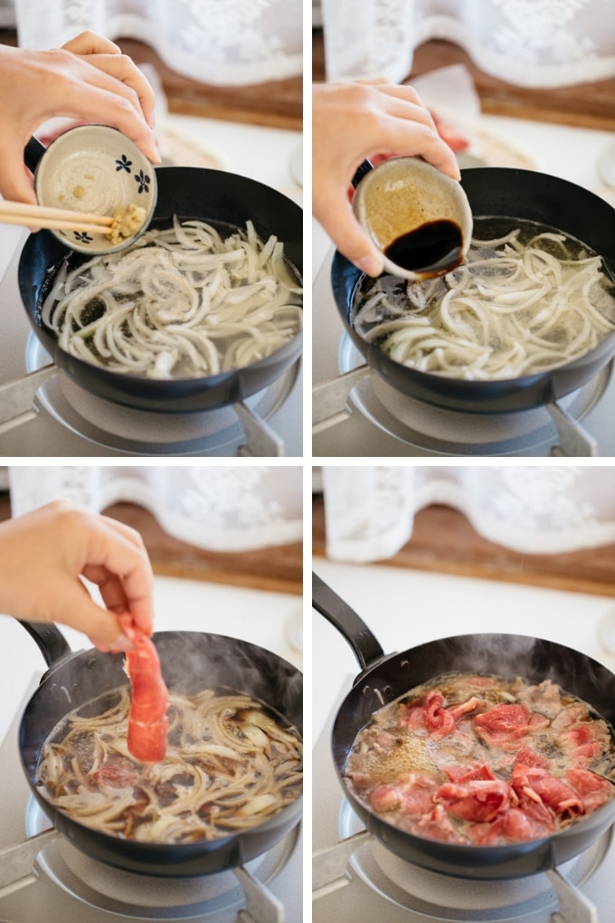 Gyudon being cooked in a frying pan