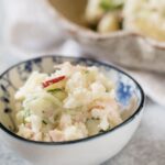 Japanese potato salad served in a small bowl and a large bowl