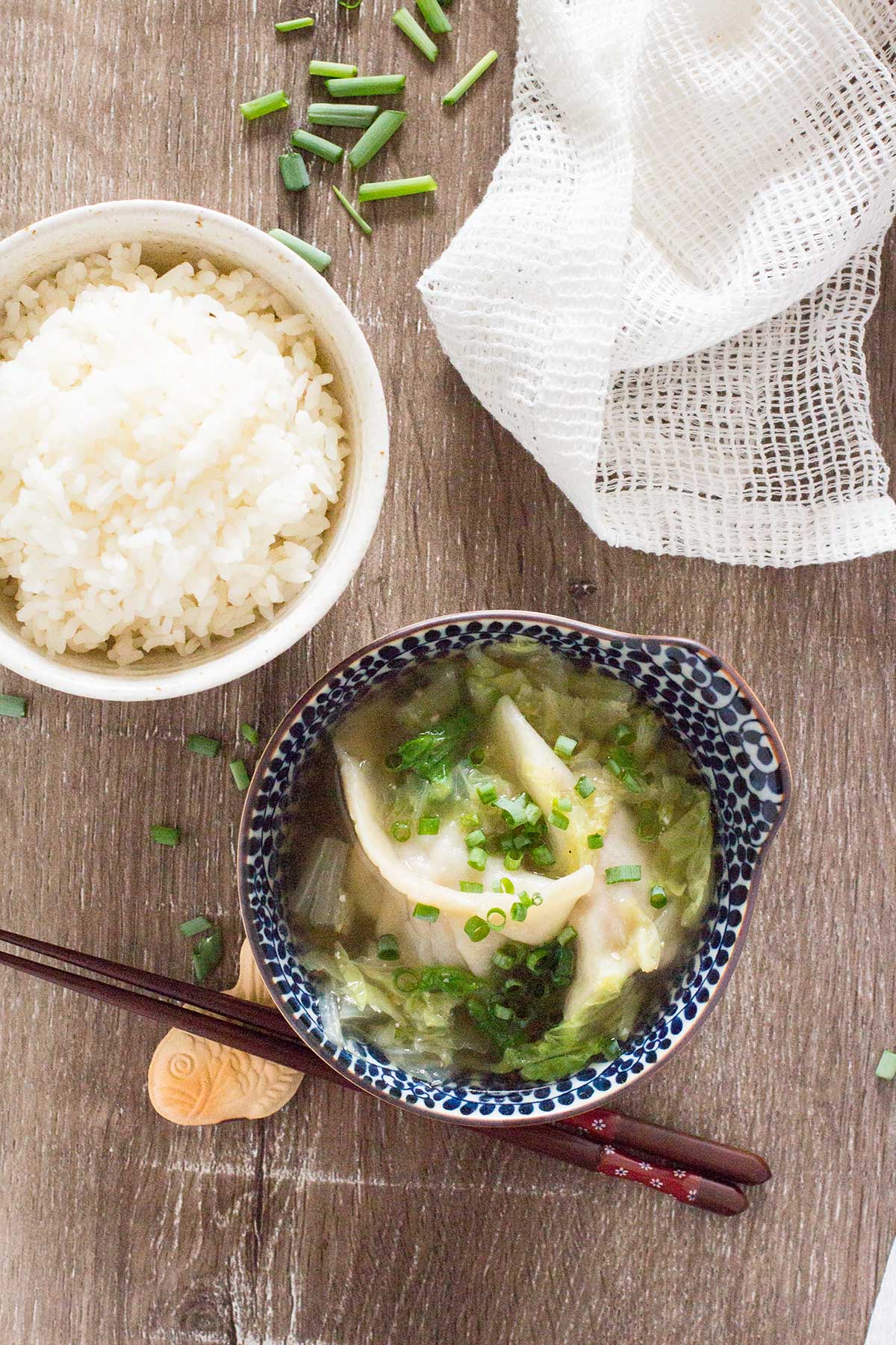 Gyoza Soup with green onions and side of white rice 