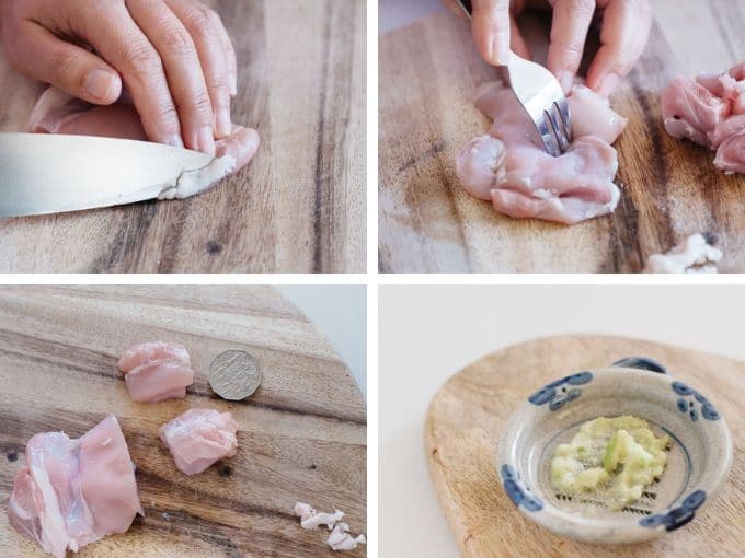 remove excess fat, prick with a folk, cutting chicken thigh and minced garlic