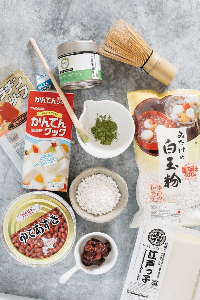 Matcha zenzai ingredients displayed in one photo