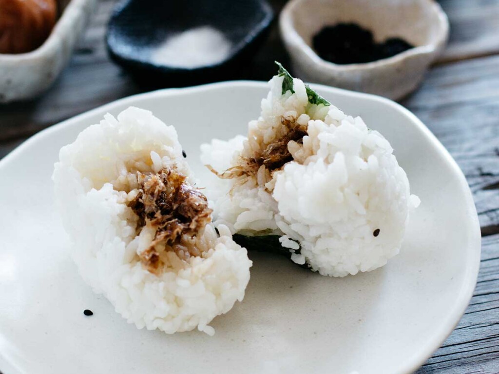 Japanese rice balls Onigiri with okaka soy sauce bonito flake filling