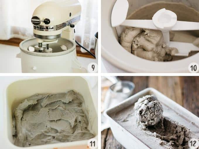 Collage of 4 images of the process of making black sesame ice cream 3