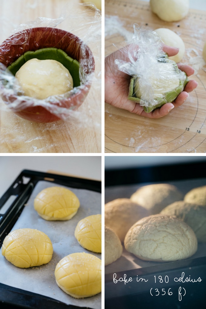 The last 4 steps of melon pan making process in 4 photos