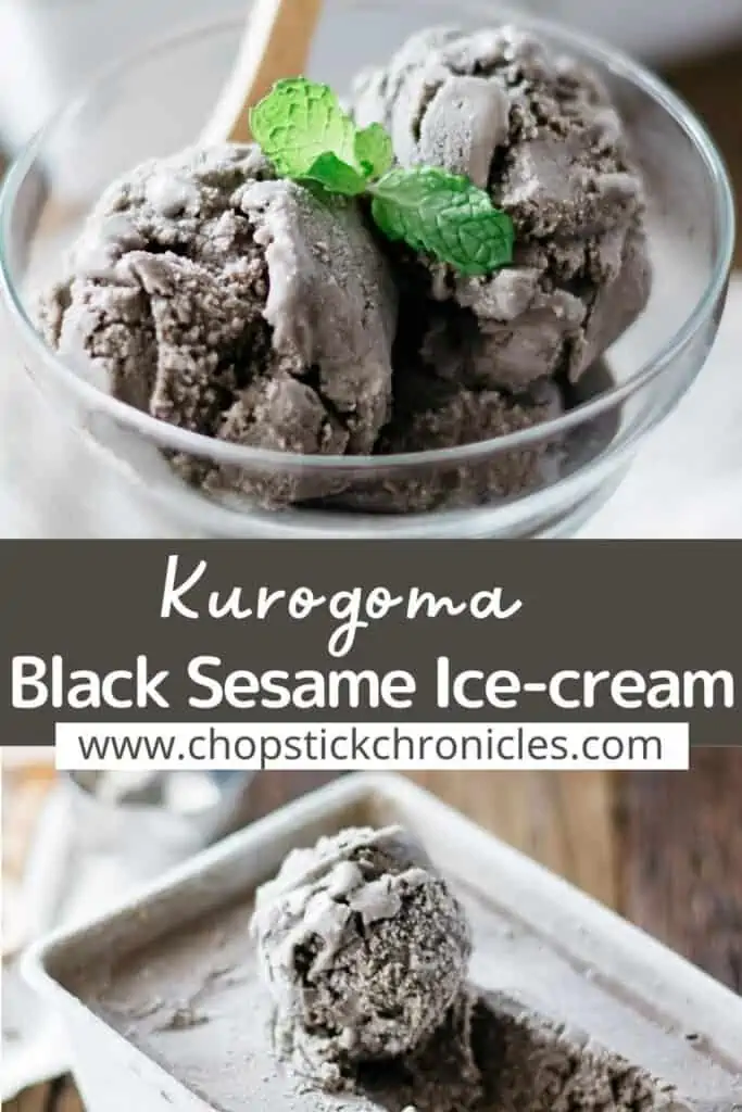 2 black sesame ice cream image collage for pinterest with text overlay