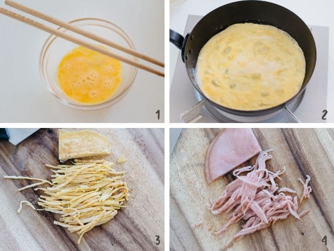 4 photos showing how to make shredded fried egg and shredded ham 