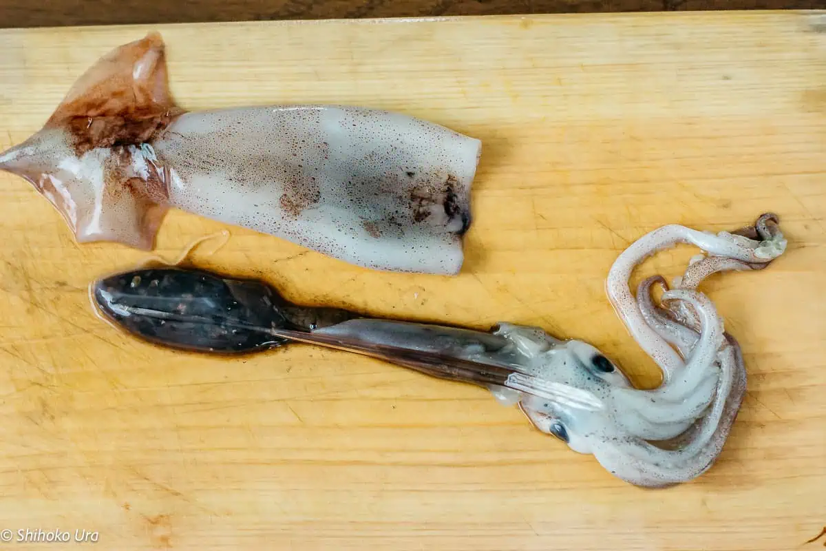 the innards of squid pulled out