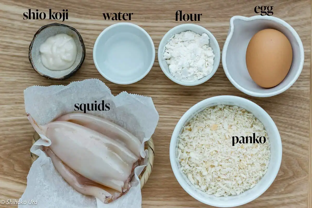 shio koji, water, flour, an egg, squids, and panko in bowls