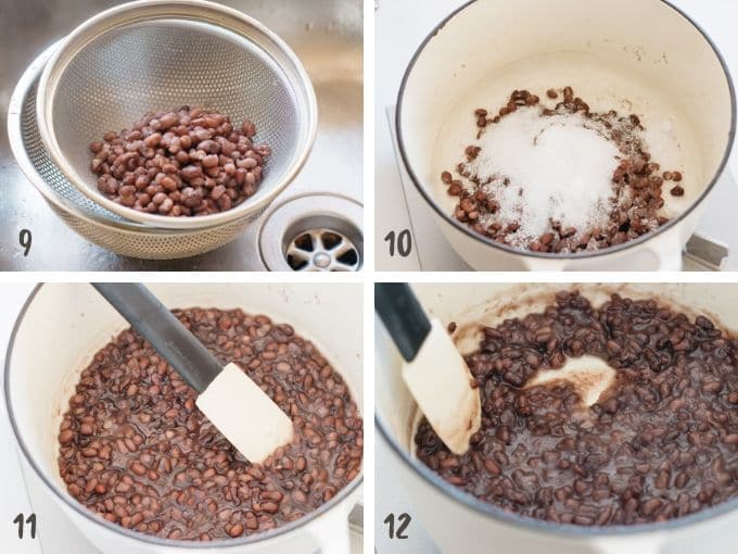 adding sugar and cook to make bean paste in 4 photos