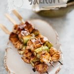 Three Yakitori skewers on a oval plate with special sauce bowl and brush in back ground