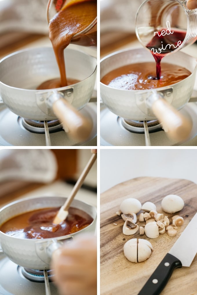  step by step photos showing mixing demi glace sauce and red wine in a small sauce pan and chopping mushrooms on a chopping board 