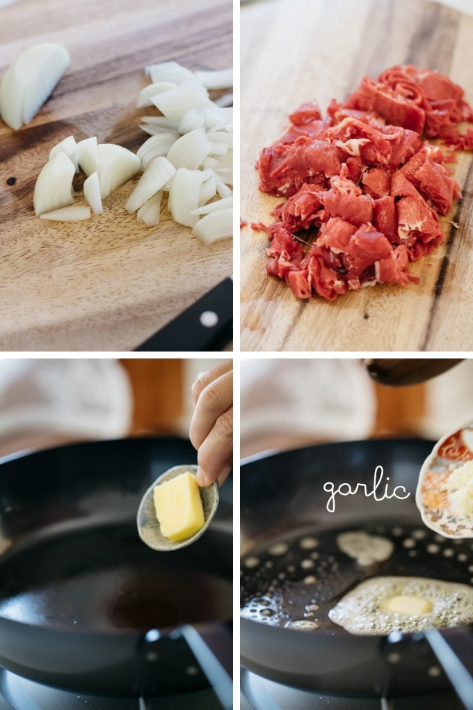 step by step photos cooking thinly sliced beef, onion and garlic in a frying pan with butter
