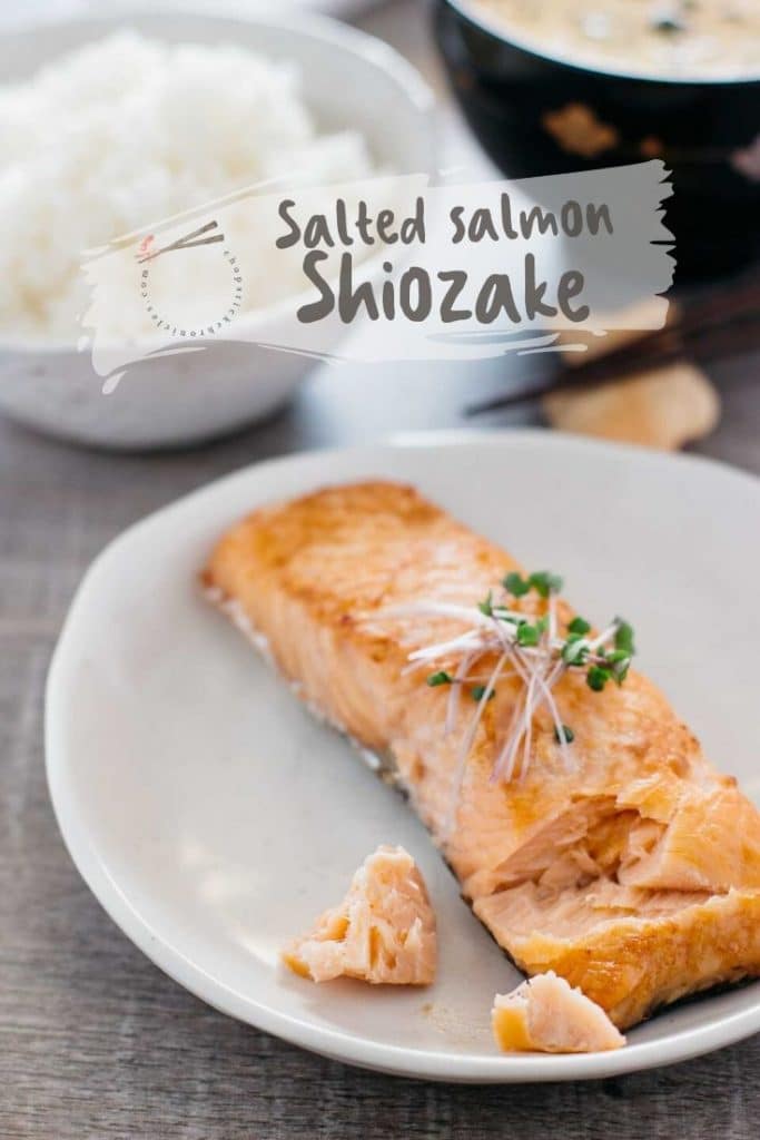 a grilled slated salmon on a round plate with a bowl of plain steamed rice in background