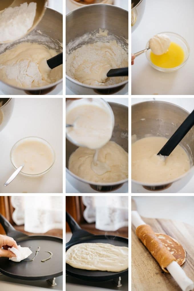 9 photos showing folding meringue into batter, adding flour and baking on a crepe pan.