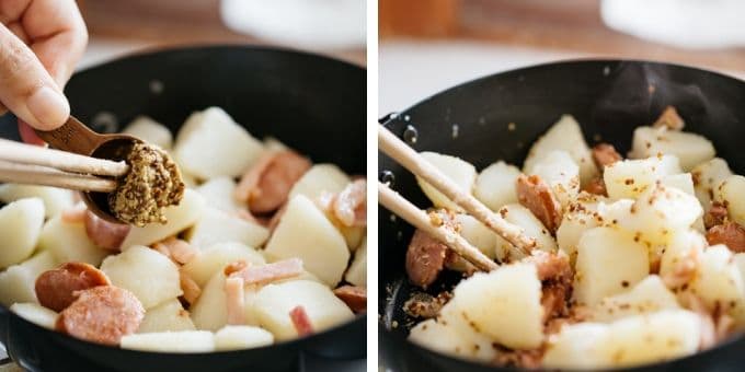 two images of Bratkartoffeln making process Frying potato, sausage, and bacon all together and adding mustard to the frying pan
