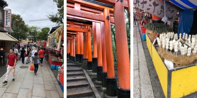 Three photos from left, an alley towards Fushimi Inari taisha, and hundreds of red Torii gates, mochi on skewers street food store