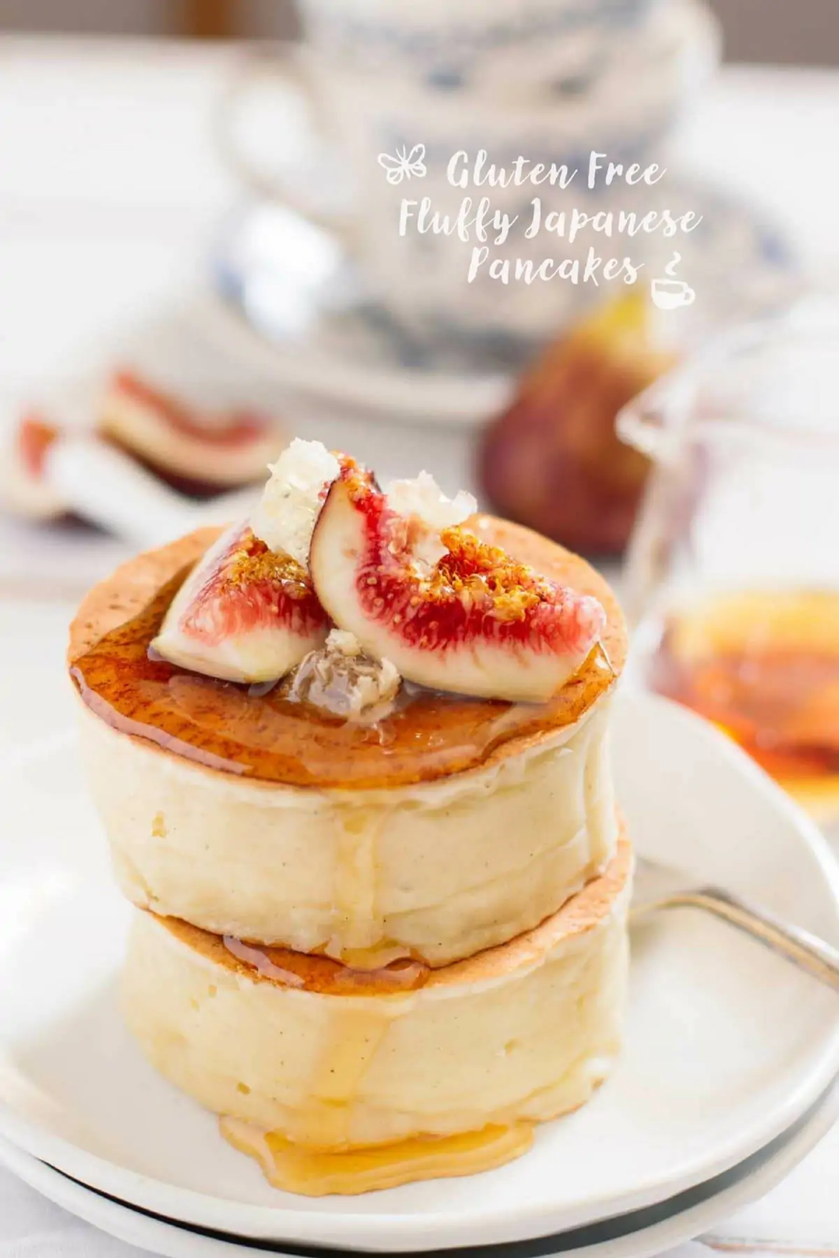 two gluten free Fluffy Japanese Pancakes served with two slice of fig and honey