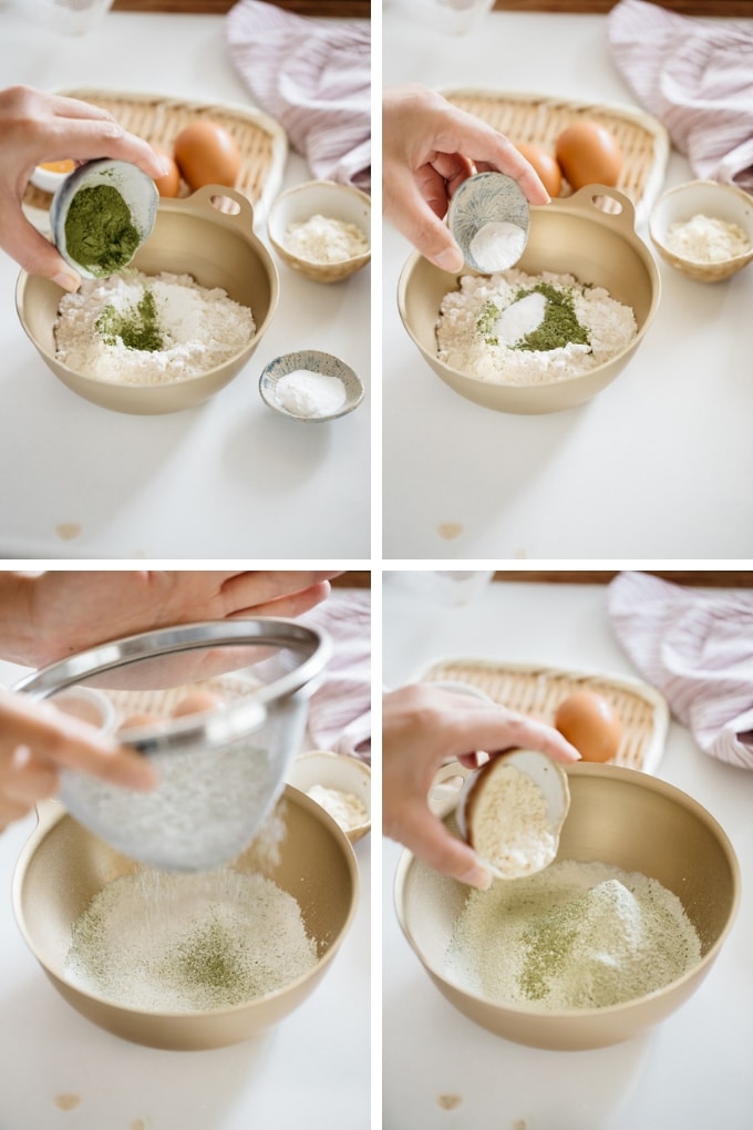 The first 4 steps of making matcha madeleines recipe in 4 sphotos
