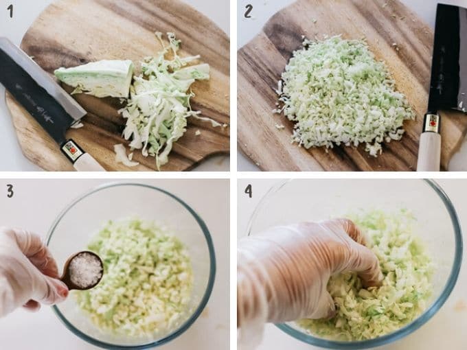 four photos showing dumpling recipe - chopping cabbage finely and sprinkle salt over