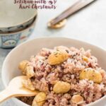 Azuki bean glutinous rice with chestnuts served in a large bowl