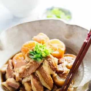 simmered pork belly cooked in Okinawan way served on a plate