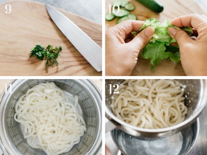 4 panels of photos showing the process of making udon cold noodle salad