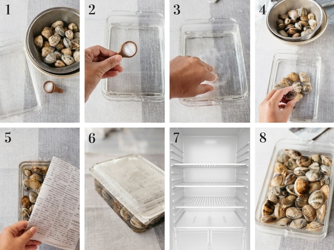8 panels of photo showing how to digritt Manila clams
