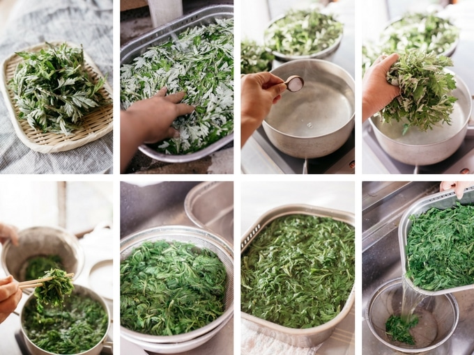 preparing yomogi leaves process in 8 photos