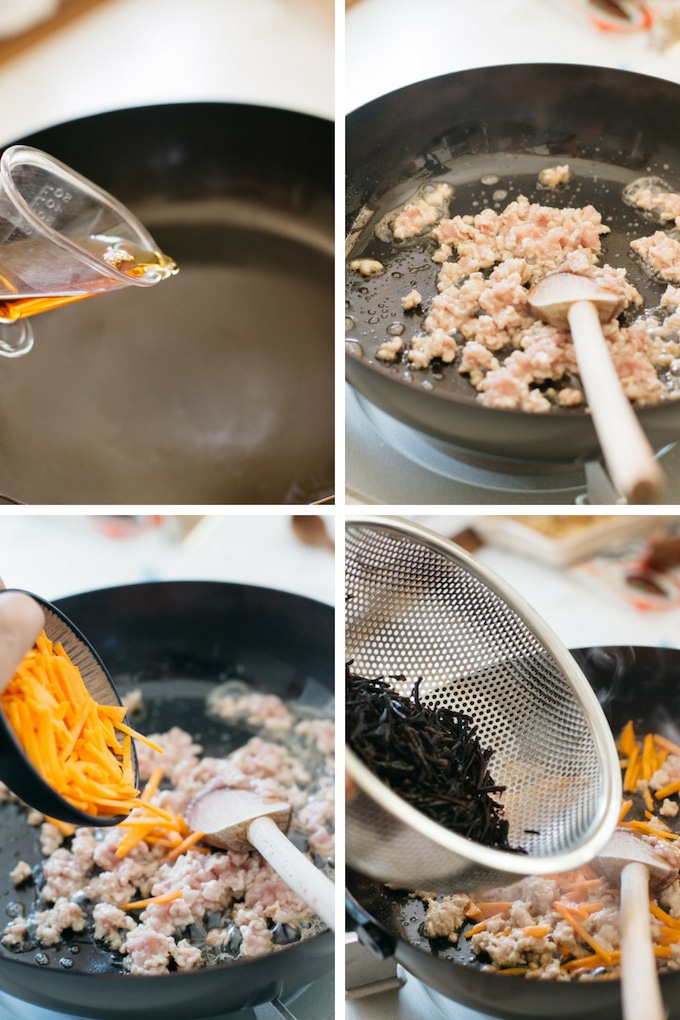 the second 4 steps of making hijiki gohan process in 4 photos