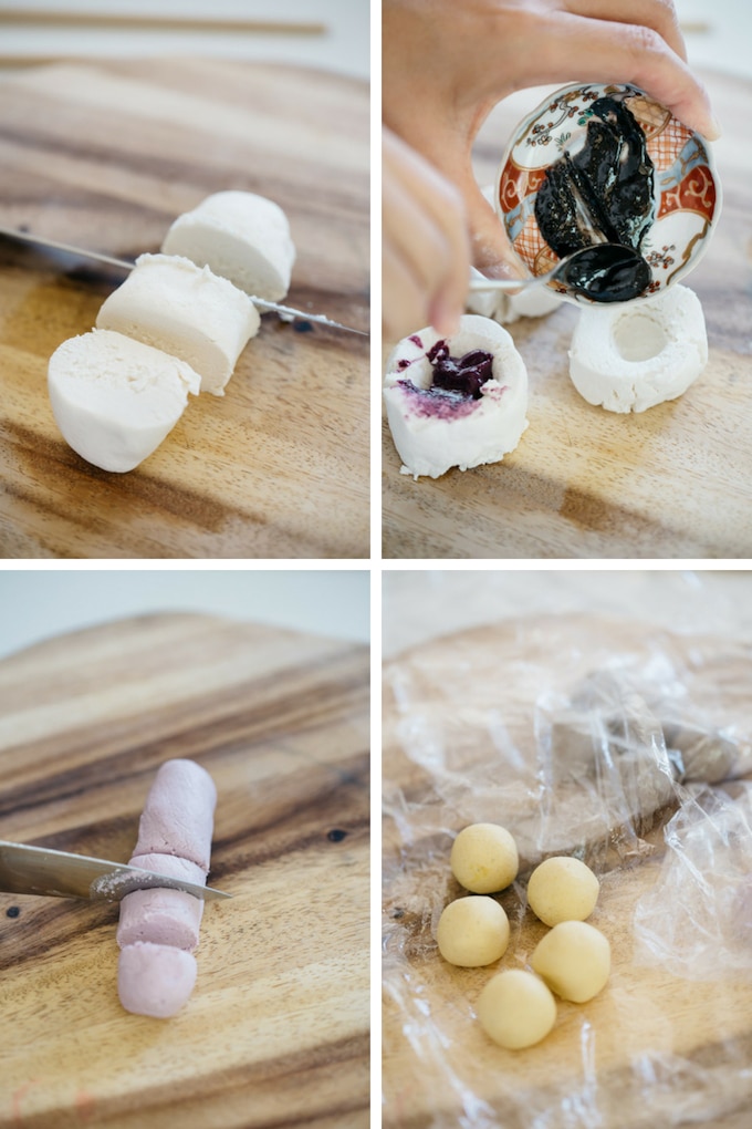 the second 4 steps of making halloween three coloured dango in 4 photos