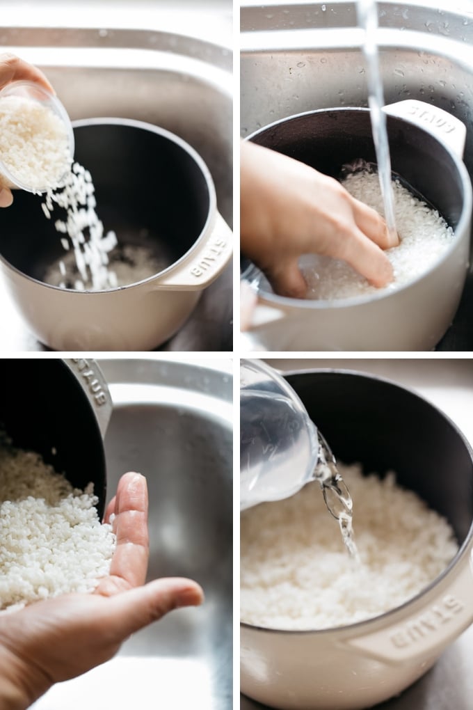The first 4 steps of how to cook rice the Japanese way in 4 photos. 