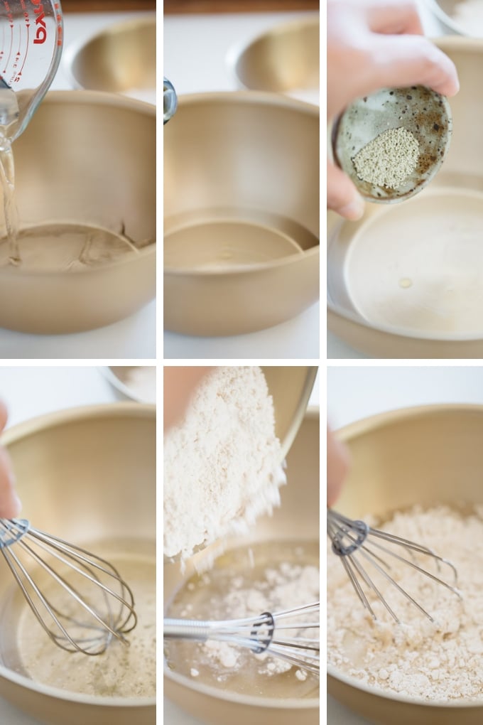 6 photos showing the process of making hiroshima okonomiyaki batter