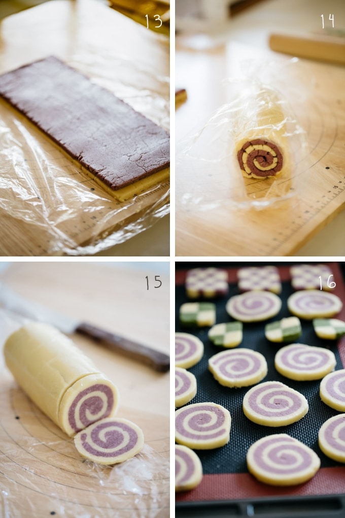 the last 4 steps of making pinwheel cookies in 4 photos