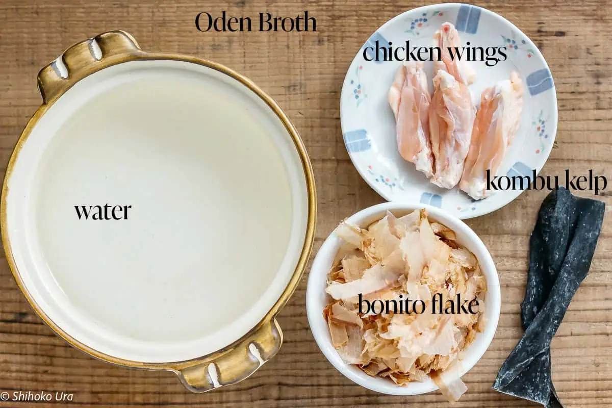 oden broth ingredients of water, chicken wings, bonito flakes and kelp