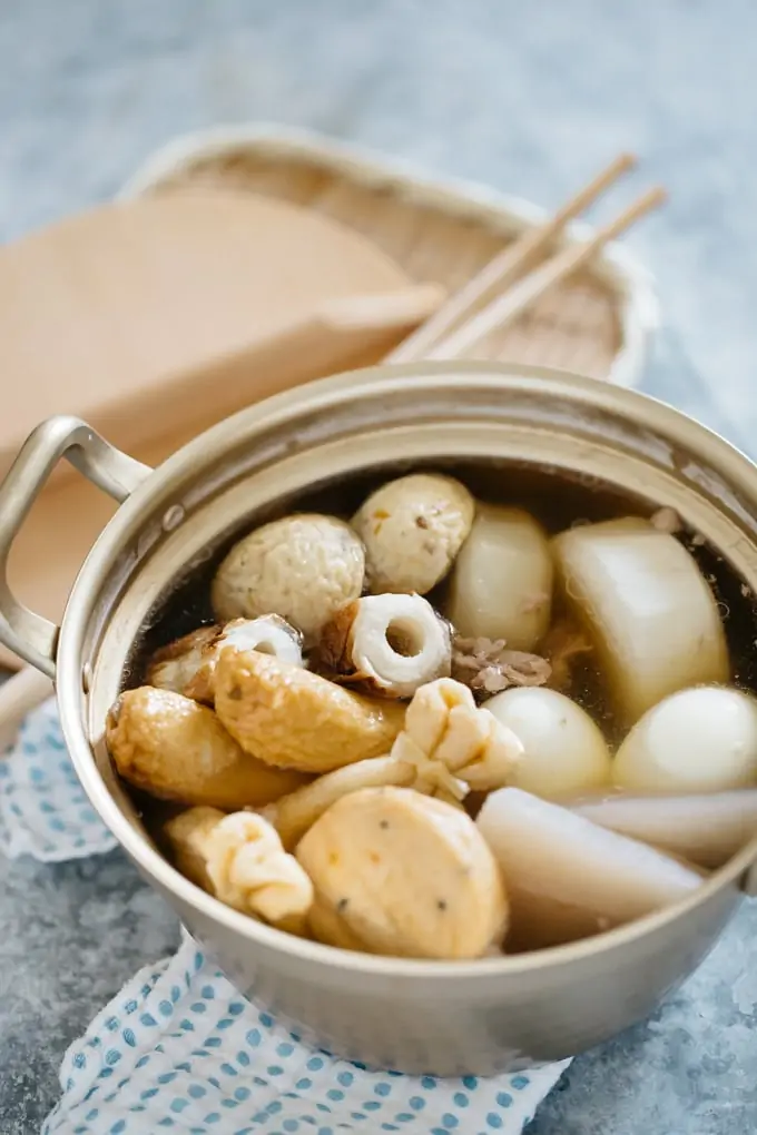 Oden being cooked in a Japanese aluminium pot