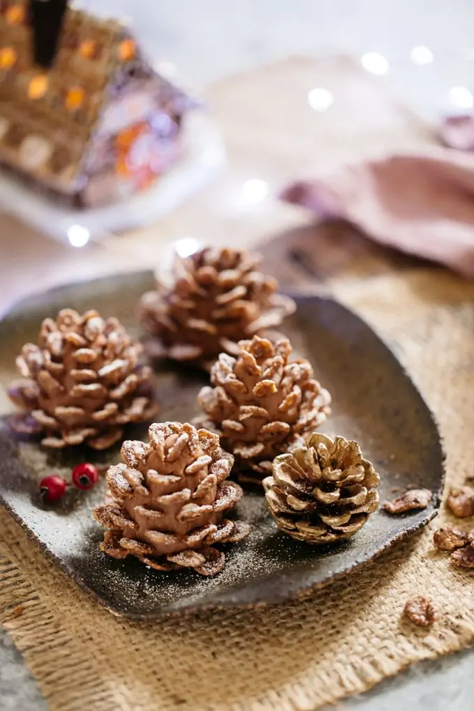 4 edible pine cones and a real pine cone served on a square plate